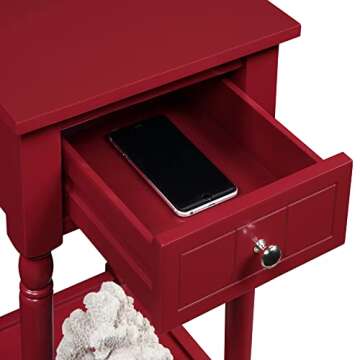 Convenience Concepts French Country Khloe 1 Drawer Accent End Table 14" - Traditional Farmhouse Side Table with Storage Drawer and Shelf, End Table for Living Room, Cranberry Red