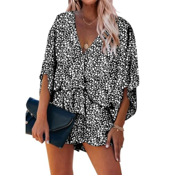 PRETTYGARDEN Women’s Floral Print Shorts Jumpsuit Wrap V Neck 3/4 Sleeve Casual Loose Oversized Ro...