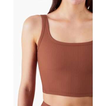 FelFory Longline Sports Bra Tank Top for Women Seamless Ribbed Workout Padded Crop Top Fitness Yoga Tank Bronze Large