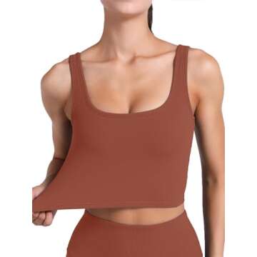 FelFory Longline Sports Bra Tank Top for Women Seamless Ribbed Workout Padded Crop Top Fitness Yoga Tank Bronze Large