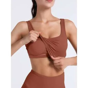 FelFory Longline Sports Bra Tank Top for Women Seamless Ribbed Workout Padded Crop Top Fitness Yoga Tank Bronze Large
