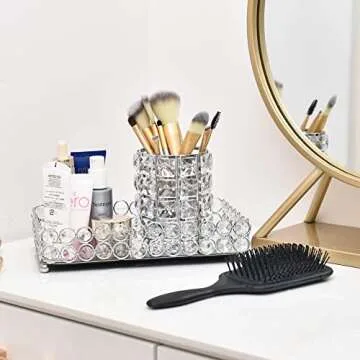 Feyarl 2pcs Crystal Makeup Brush Holder Silver Bling Handcrafted Comb Brush Pen Pencil Holder Pot Cup Storage Cosmetic Tools Organizer Container Candle Holder for Valentine Gift Bedroom Dresser Office
