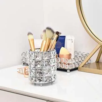 Feyarl 2pcs Crystal Makeup Brush Holder Silver Bling Handcrafted Comb Brush Pen Pencil Holder Pot Cup Storage Cosmetic Tools Organizer Container Candle Holder for Valentine Gift Bedroom Dresser Office