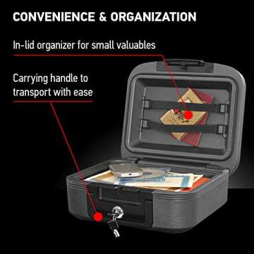 SentrySafe Charcoal Gray Fireproof and Waterproof Safe Box with Key Lock, Portable Chest for Money, Passport, 0.28 Cubic Feet, 6.6 x 15.4 x 14.3 Inches, CHW20221