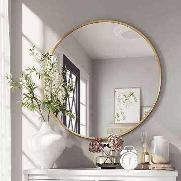 Barnyard Designs Round Metal Mirror, Bathroom Vanity Wall Mirrors, Circle Mirror for Desk, Metal Fra...