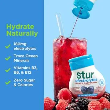 Stur Electrolyte Water Enhancer | Sweetened with Stevia | High in Vitamin C & Antioxidants | Sugar Free | Zero Calories | Keto | Vegan | 5 Bottles, Makes 90 Drinks (Black Raspberry)