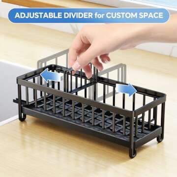 Sponge Holder for Kitchen Sink, Rustproof 304 Stainless Steel Kitchen Sink Organizer with Auto-Drain, 360° Swivel Spout, Kitchen Sink Sponge Holder with Removable Divider, Kitchen Sink Caddy, Black