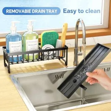 Sponge Holder for Kitchen Sink, Rustproof 304 Stainless Steel Kitchen Sink Organizer with Auto-Drain, 360° Swivel Spout, Kitchen Sink Sponge Holder with Removable Divider, Kitchen Sink Caddy, Black