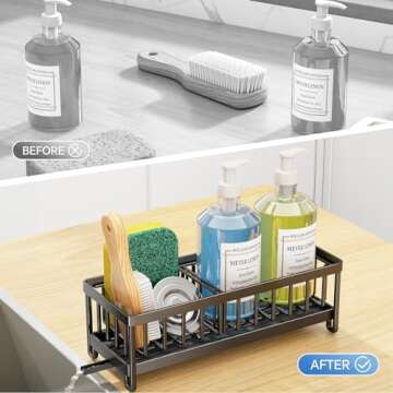Sponge Holder for Kitchen Sink, Rustproof 304 Stainless Steel Kitchen Sink Organizer with Auto-Drain, 360° Swivel Spout, Kitchen Sink Sponge Holder with Removable Divider, Kitchen Sink Caddy, Black