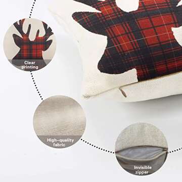 Fjfz Christmas Reindeer Decorative Throw Pillow Cover 18x18, Xmas Red Black Buffalo Plaid Check Elk Home Farmhouse Decoration Winter Antlers Cotton Linen Cushion Case Decor for Sofa Couch
