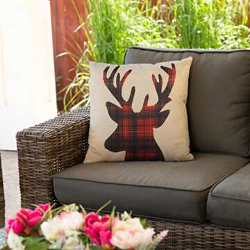 Fjfz Christmas Reindeer Decorative Throw Pillow Cover 18x18, Xmas Red Black Buffalo Plaid Check Elk Home Farmhouse Decoration Winter Antlers Cotton Linen Cushion Case Decor for Sofa Couch