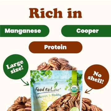 Food to Live Organic Pecan Halves, 12 Ounces – Non-GMO, Kosher, Raw Pecan Nuts, Unsalted, Vegan, Kosher, Shelled, Sirtfood, Bulk. Good source of Calcium, and Zinc. Great for Pecan Pie, Salads, Mixes