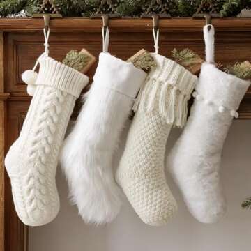 Pawliss Christmas Stockings: 4 Pack 18 Inch White Farmhouse Plush Faux Fur & Cable Knitted Fireplace...