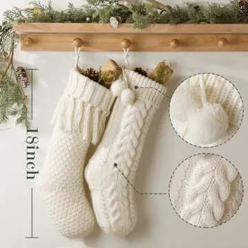 Pawliss Christmas Stockings: 4 Pack 18 Inch White Farmhouse Plush Faux Fur & Cable Knitted Fireplace Xmas Stockings, Rustic Personalized Stocking Hanging Gifts Decorations for Family Holiday Décor