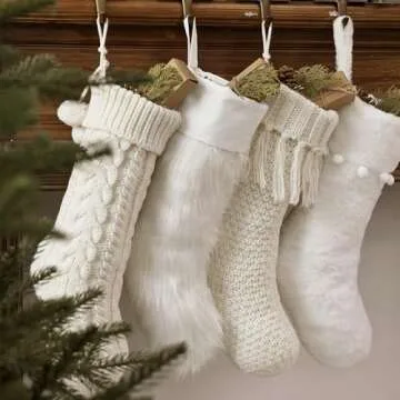 Pawliss Christmas Stockings: 4 Pack 18 Inch White Farmhouse Plush Faux Fur & Cable Knitted Fireplace Xmas Stockings, Rustic Personalized Stocking Hanging Gifts Decorations for Family Holiday Décor