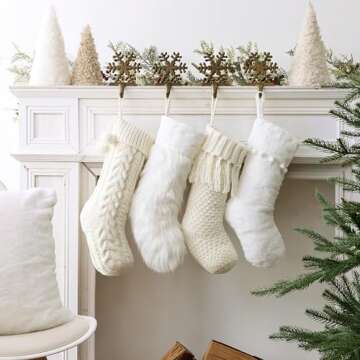 Pawliss Christmas Stockings: 4 Pack 18 Inch White Farmhouse Plush Faux Fur & Cable Knitted Fireplace Xmas Stockings, Rustic Personalized Stocking Hanging Gifts Decorations for Family Holiday Décor