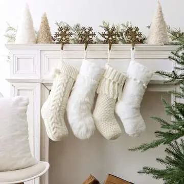 Pawliss Christmas Stockings: 4 Pack 18 Inch White Farmhouse Plush Faux Fur & Cable Knitted Fireplace Xmas Stockings, Rustic Personalized Stocking Hanging Gifts Decorations for Family Holiday Décor