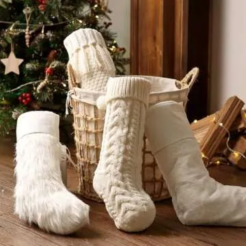 Pawliss Christmas Stockings: 4 Pack 18 Inch White Farmhouse Plush Faux Fur & Cable Knitted Fireplace Xmas Stockings, Rustic Personalized Stocking Hanging Gifts Decorations for Family Holiday Décor