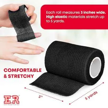 Ever Ready First Aid Self Adherent Cohesive Bandages - 3" x 5 Yards - 12 Count, Black