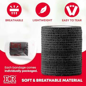 Ever Ready First Aid Self Adherent Cohesive Bandages 3" x 5 Yards - 12 Count, Black