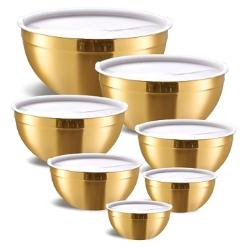 Moxinox Gold Mixing Bowls with Airtight Lids, Stainless Steel Nesting Mixing Bowls Set of 7, Ideal f...