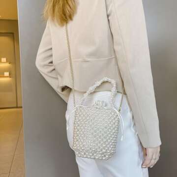 CuteClear White Beaded Crystal Pearl Bucket Handbag for Women, Small Tube Top Handle Clutch Purse Evening Bag for Prom Wedding Party (ivory)