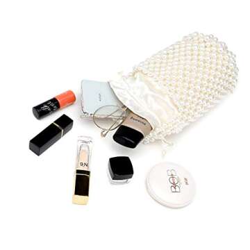 CuteClear White Beaded Crystal Pearl Bucket Handbag for Women, Small Tube Top Handle Clutch Purse Evening Bag for Prom Wedding Party (ivory)