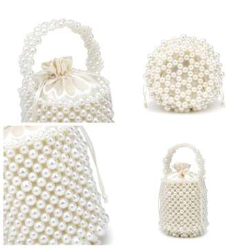 CuteClear White Beaded Crystal Pearl Bucket Handbag for Women, Small Tube Top Handle Clutch Purse Evening Bag for Prom Wedding Party (ivory)