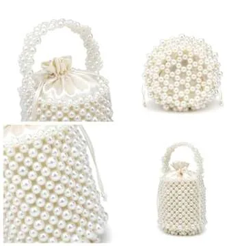 CuteClear White Beaded Crystal Pearl Bucket Handbag for Women, Small Tube Top Handle Clutch Purse Evening Bag for Prom Wedding Party (ivory)