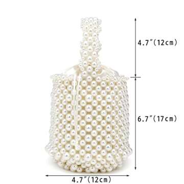 CuteClear White Beaded Crystal Pearl Bucket Handbag for Women, Small Tube Top Handle Clutch Purse Evening Bag for Prom Wedding Party (ivory)