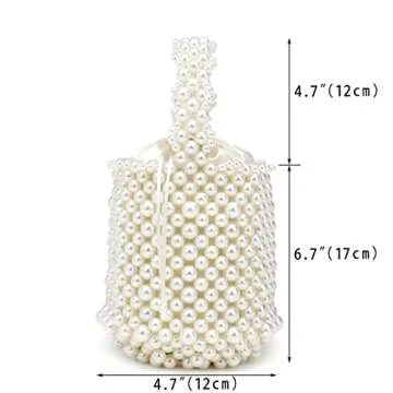 CuteClear White Beaded Crystal Pearl Bucket Handbag for Women, Small Tube Top Handle Clutch Purse Evening Bag for Prom Wedding Party (ivory)