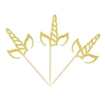 Ercadio 24 Pack Unicorn Horn Cupcake Toppers Gold Glitter Unicorn Cupcake Picks Decoration for Baby Shower Kids Birthday Party