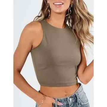 EFAN Womens Sexy Sleeveless High Neck Crop Tops Workout Cute Racerback Cropped Tank Tops Summer Clothes Teen Girls Beige S