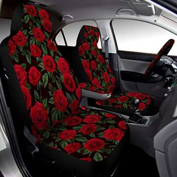 Fabbay 15 Pcs Red Rose Car Seat Covers Full Set Red Rose Steering Wheel Cover Auto Front Seats and Back Bench Protector Cover with Seat Belt Cover, Armrest Cover and Cupholder Pad for Car SUV Truck
