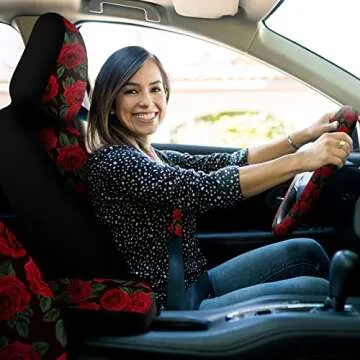 Fabbay 15 Pcs Red Rose Car Seat Covers Full Set Red Rose Steering Wheel Cover Auto Front Seats and Back Bench Protector Cover with Seat Belt Cover, Armrest Cover and Cupholder Pad for Car SUV Truck