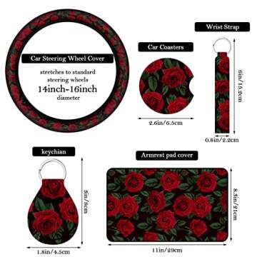 Fabbay 15 Pcs Red Rose Car Seat Covers Full Set Red Rose Steering Wheel Cover Auto Front Seats and Back Bench Protector Cover with Seat Belt Cover, Armrest Cover and Cupholder Pad for Car SUV Truck