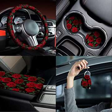 Fabbay 15 Pcs Red Rose Car Seat Covers Full Set Red Rose Steering Wheel Cover Auto Front Seats and Back Bench Protector Cover with Seat Belt Cover, Armrest Cover and Cupholder Pad for Car SUV Truck