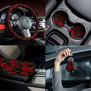 Fabbay 15 Pcs Red Rose Car Seat Covers Full Set Red Rose Steering Wheel Cover Auto Front Seats and Back Bench Protector Cover with Seat Belt Cover, Armrest Cover and Cupholder Pad for Car SUV Truck