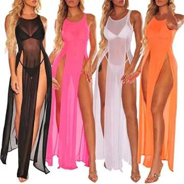 Women's Swimsuit Beach Bikini Cover up Sheer Mesh Dress Sexy See Through Mesh Tops Beachwear