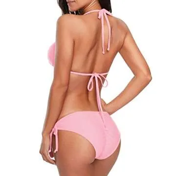 American Trends Women's String Two Piece Halter Top Triangle Bikini Set with Tie Side Bottom Sexy Swimsuit Bathing Suits 06 Pink S