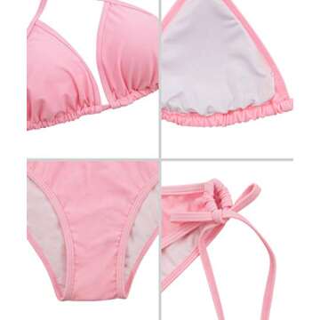 American Trends Women's String Two Piece Halter Top Triangle Bikini Set with Tie Side Bottom Sexy Swimsuit Bathing Suits 06 Pink S