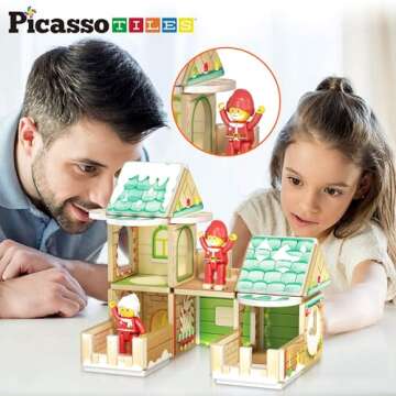 PicassoTiles Magnetic Tiles Christmas Cottage Holiday with 6 Character Action Figures Santa, Mrs Cla...