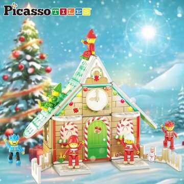 PicassoTiles Magnetic Tiles Christmas Cottage Holiday with 6 Character Action Figures Santa, Mrs Clause, Elves, Nutcracker Theme Construction Set Magnet Building Blocks STEM Learning Gifts Toys PTQ08