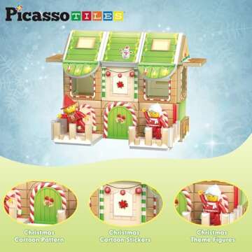 PicassoTiles Magnetic Tiles Christmas Cottage Holiday with 6 Character Action Figures Santa, Mrs Clause, Elves, Nutcracker Theme Construction Set Magnet Building Blocks STEM Learning Gifts Toys PTQ08