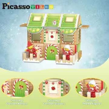 PicassoTiles Magnetic Tiles Christmas Cottage Holiday with 6 Character Action Figures Santa, Mrs Clause, Elves, Nutcracker Theme Construction Set Magnet Building Blocks STEM Learning Gifts Toys PTQ08