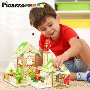 PicassoTiles Magnetic Tiles Christmas Cottage Holiday with 6 Character Action Figures Santa, Mrs Clause, Elves, Nutcracker Theme Construction Set Magnet Building Blocks STEM Learning Gifts Toys PTQ08