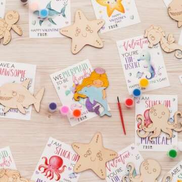 28 PCS Valentines Day Gifts for Kids - Valentines Cards School with Art Supplies Classroom - Sea Ani...