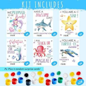 28 PCS Valentines Day Gifts for Kids - Valentines Cards School with Art Supplies Classroom - Sea Animals Wood Painting Craft Kits - for Kids Boys Girls Gifts Exchanges - Valentines Party Favors