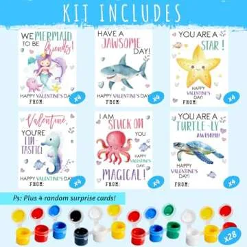 28 PCS Valentines Day Gifts for Kids - Valentines Cards School with Art Supplies Classroom - Sea Animals Wood Painting Craft Kits - for Kids Boys Girls Gifts Exchanges - Valentines Party Favors