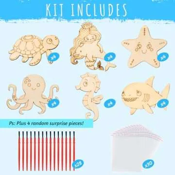 28 PCS Valentines Day Gifts for Kids - Valentines Cards School with Art Supplies Classroom - Sea Animals Wood Painting Craft Kits - for Kids Boys Girls Gifts Exchanges - Valentines Party Favors